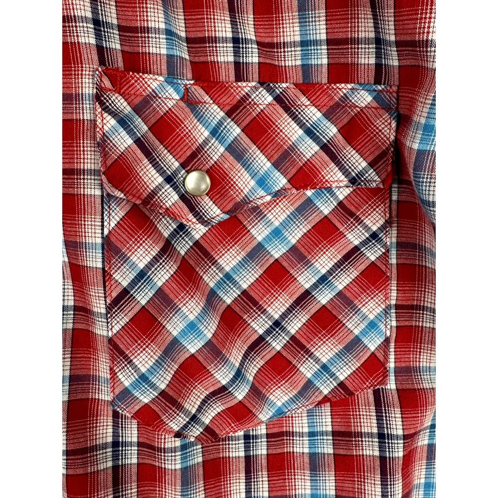 Wrangler Wrancher Short Sleeve Pearl Snap Shirt Plaid Red Blue Men Large Vintage - Picture 5 of 6